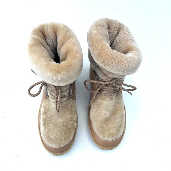 Montelliana 1965 Lambskin Fur Trim Lace-Up Winter Boots Shearling 38 Tan 8 - Picture 4 of 8